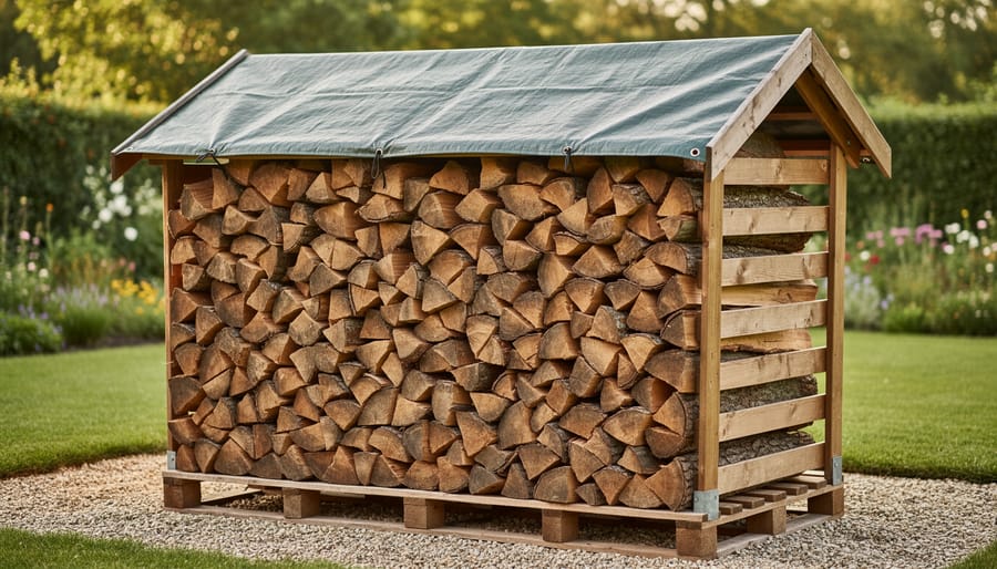 Firewood stack on cinder blocks with tarp covering top portion while sides remain exposed