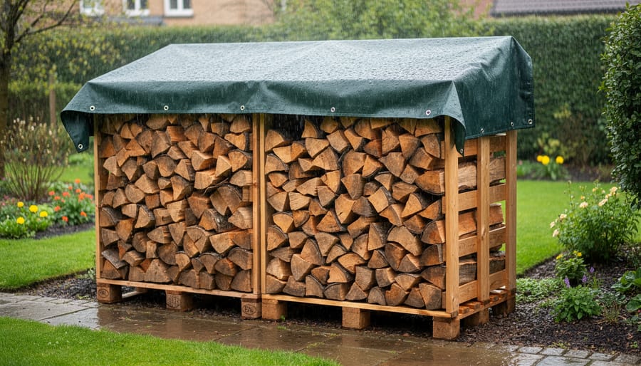 V-shaped firewood rack with partial cover protecting wood from rain while allowing airflow