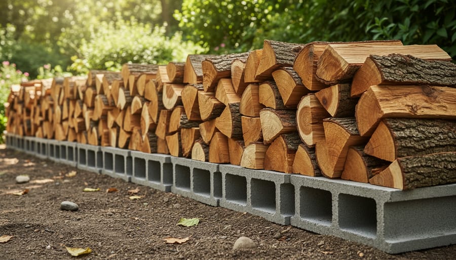 Firewood logs stacked with spacing on cinder block foundation showing proper airflow technique