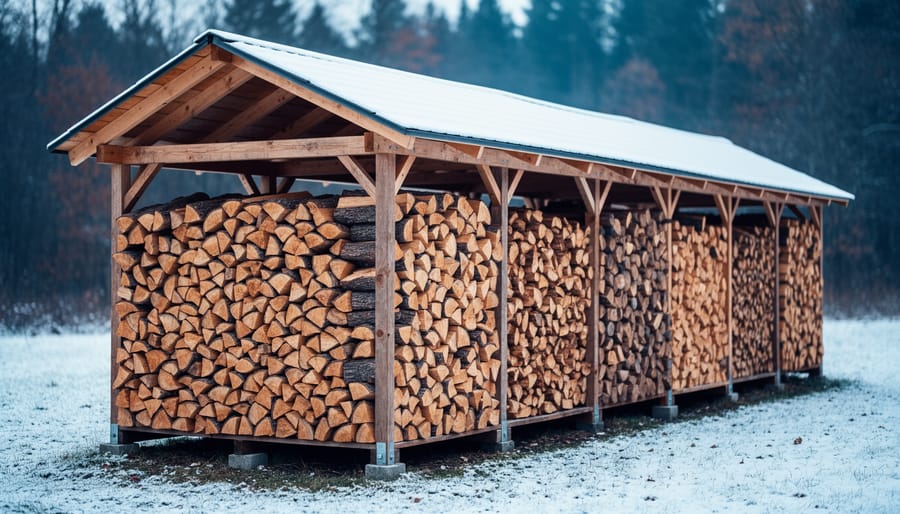 Person stacking split firewood in organized rows for proper seasoning and storage