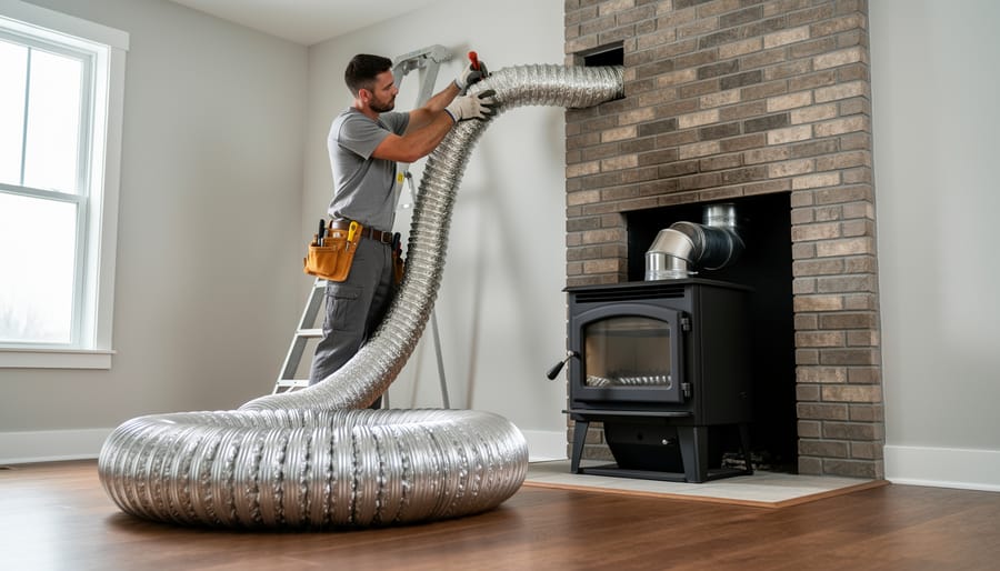 Flexible stainless steel chimney liner coiled next to pellet stove in home setting