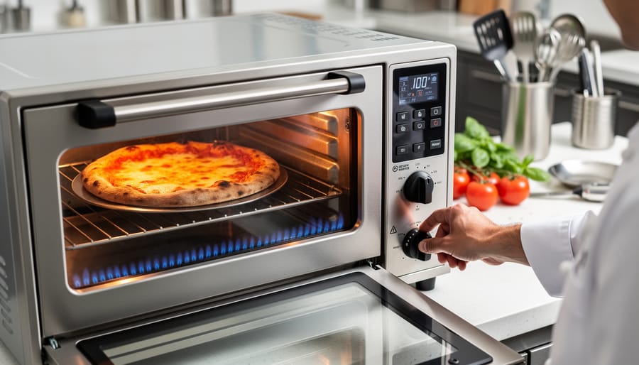 Modern gas pizza oven with visible flame and temperature controls in outdoor kitchen