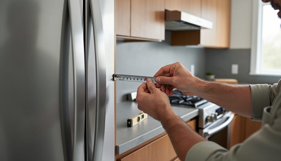Person measuring cabinet opening and side/rear clearances around a stainless-steel refrigerator with the door slightly open in a modern kitchen, tools and level blurred in the background under soft natural light.