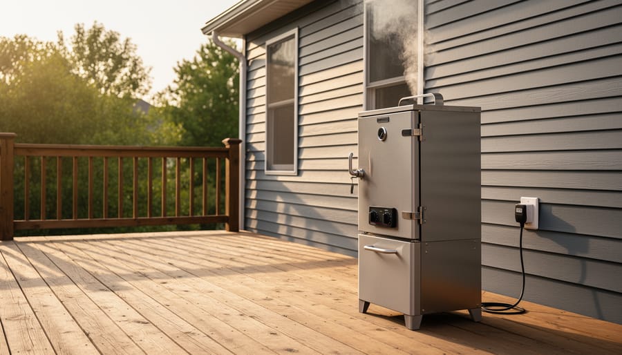 Stainless steel electric smoker on a backyard deck positioned several feet from a house, connected to a grounded outdoor outlet, with open air and trees in the background.