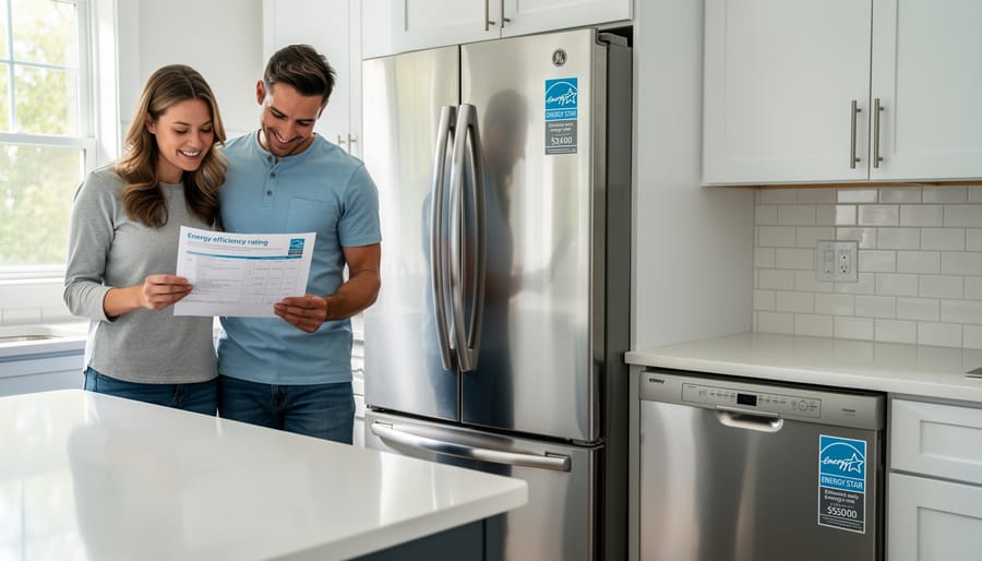 Homeowner examining Energy Star efficiency label on GE refrigerator in modern kitchen