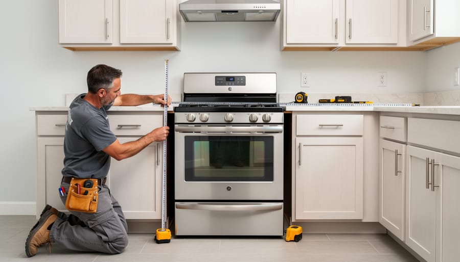 GE stainless steel range properly installed between kitchen cabinets showing clearance spacing