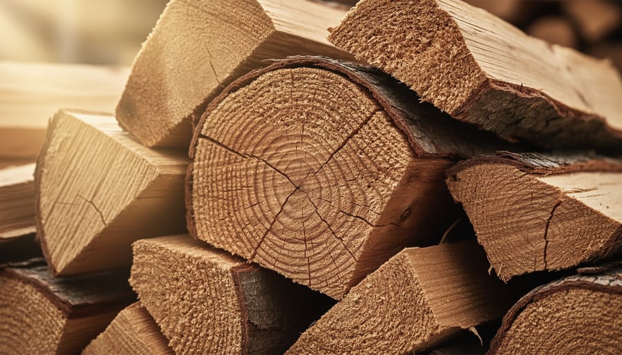 Close-up of stacked split hardwood firewood showing wood grain texture
