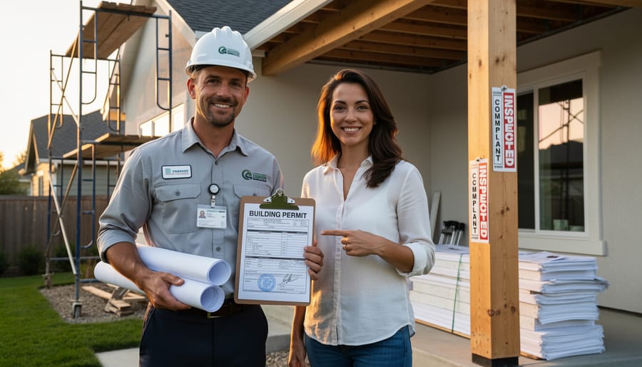 Homeowner and roofing contractor shaking hands in front of residential home