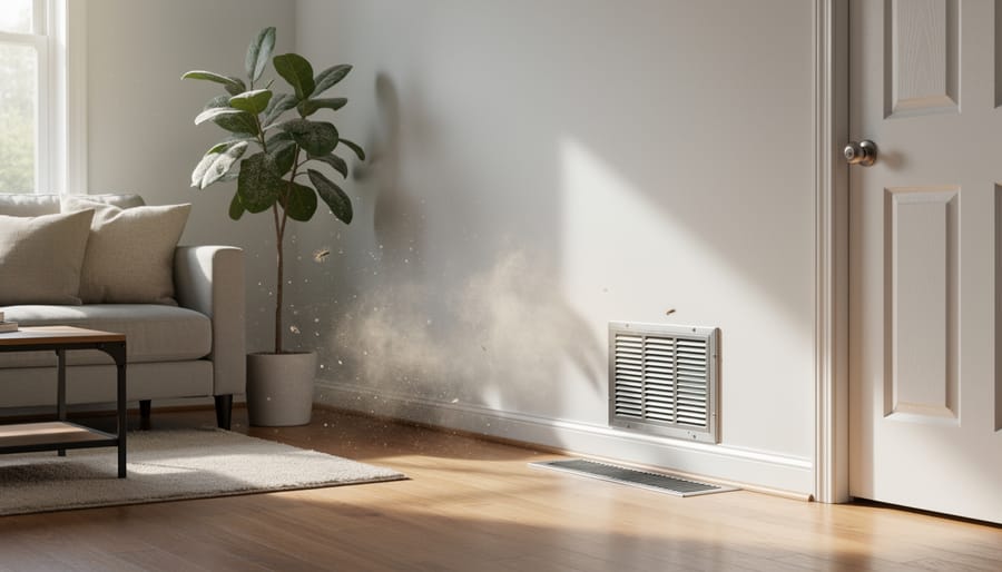 Close-up of home air vent with visible dust particles in sunlight beam