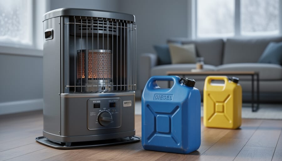 Indoor kerosene heater on a wooden floor with a blue kerosene container in the foreground and a yellow diesel jerry can blurred in the background near a frosted window.