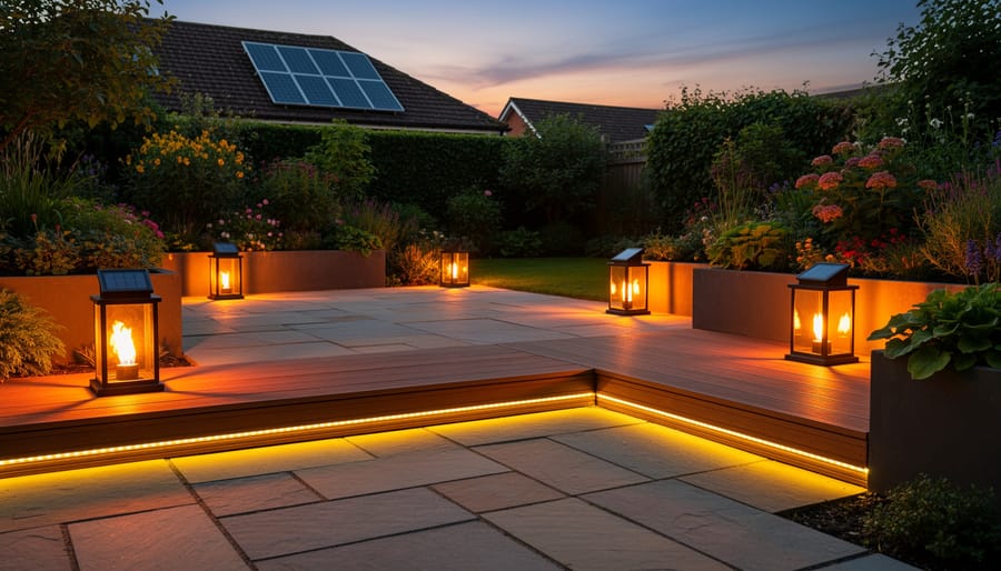 LED candles and solar-powered fairy lights arranged in fireplace creating ambient glow