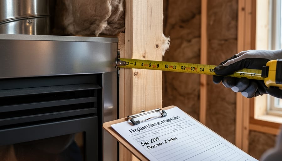 Measuring tape being used to verify clearance distance from fireplace to mantel