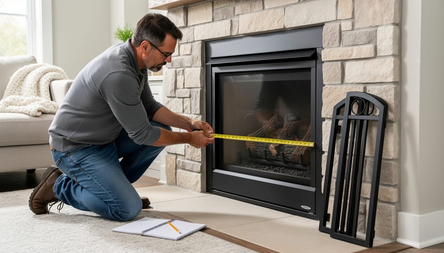 Person measuring fireplace opening width with measuring tape for spark guard sizing