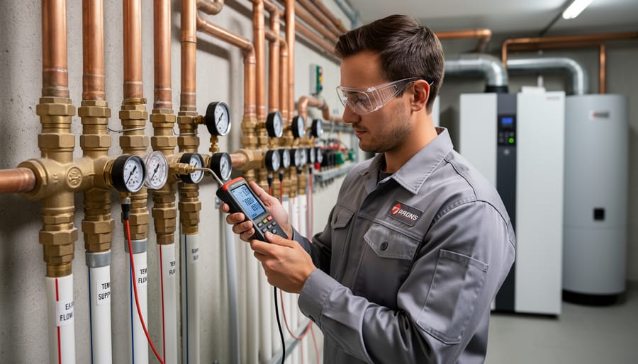 Person using infrared thermometer to measure radiator temperature