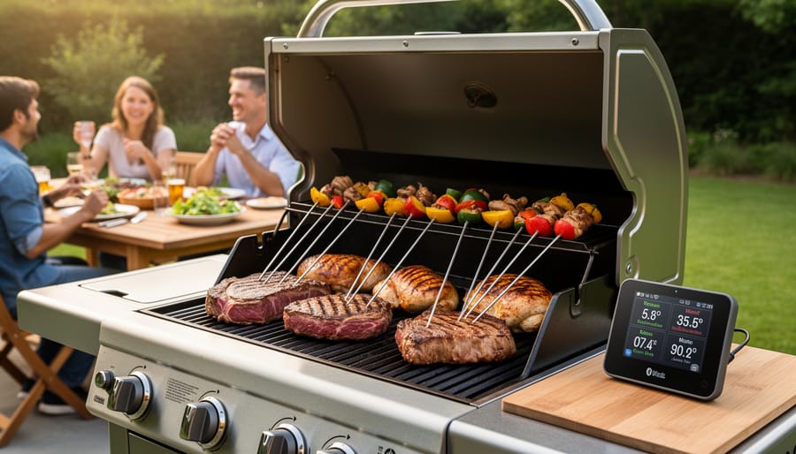 Overhead view of multiple meats on grill with several bluetooth thermometer probes monitoring temperatures