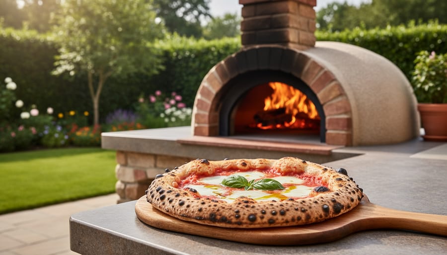 Neapolitan pizza with charred crust being removed from outdoor pizza oven on wooden peel