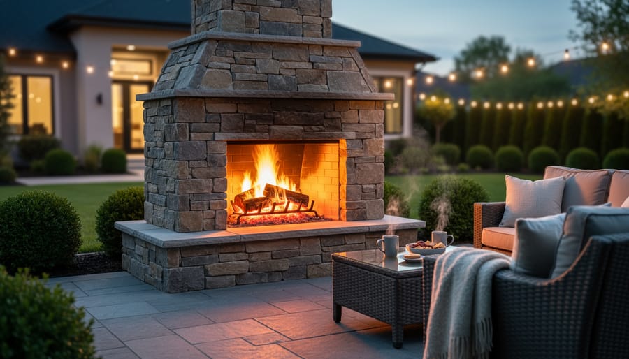 Family enjoying outdoor stone fireplace with fire burning on autumn evening