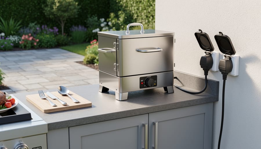 Complete outdoor cooking station setup with electric smoker and proper electrical safety features