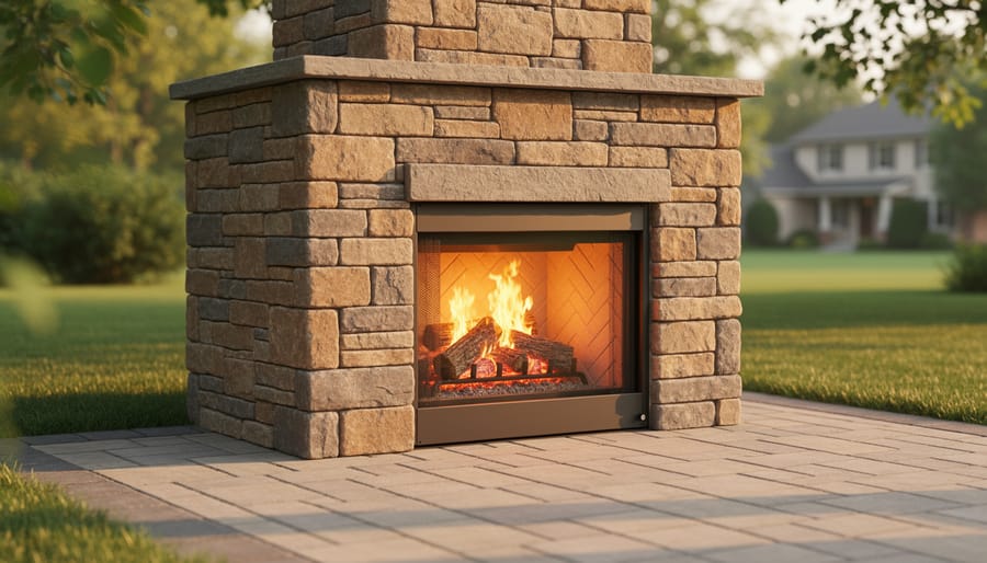Outdoor stone fireplace with a wood fire burning on a level paver patio at golden hour, steel firebox insert visible, with lawn, trees, and a distant house softly blurred behind.