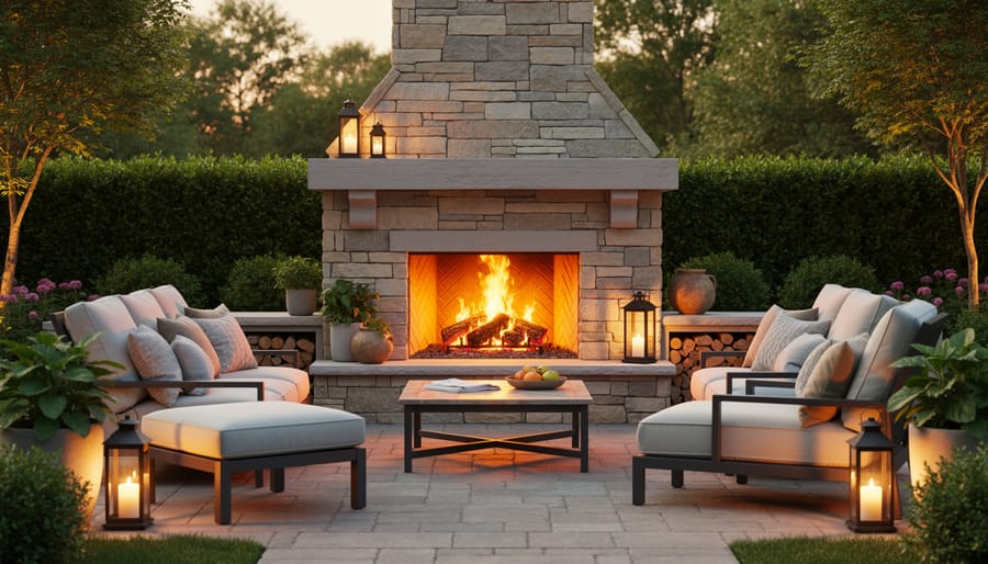 Complete outdoor stone fireplace with natural stacked stone construction in backyard patio