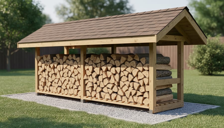 Outdoor firewood storage rack with covered roof and properly stacked seasoned wood