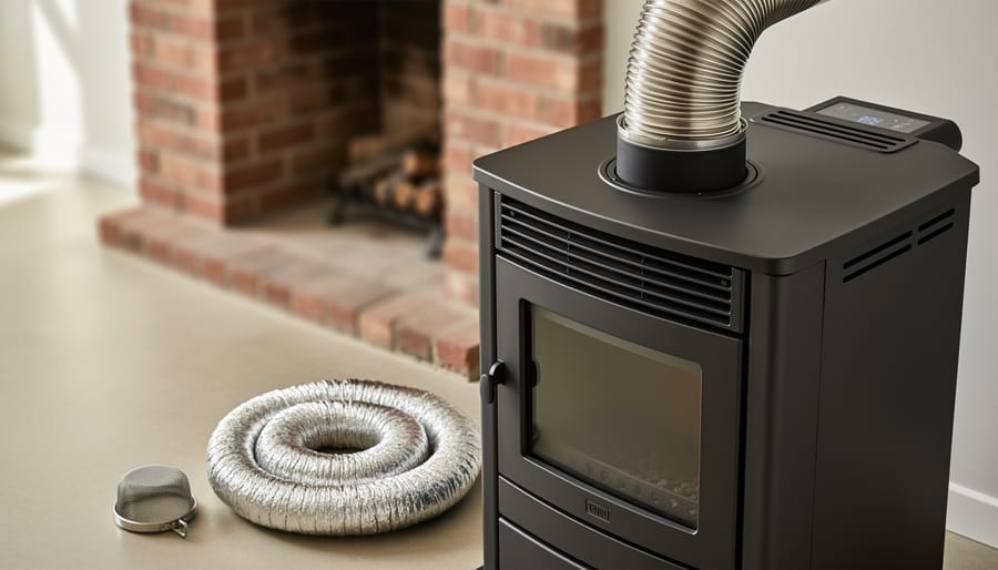 Modern black pellet stove with a 4-inch stainless steel flexible chimney liner being attached, with insulation wrap and a spark-arrestor chimney cap beside it; soft daylight and a blurred brick fireplace opening in the background.