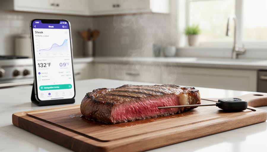 Sliced medium-rare prime rib showing perfect doneness with bluetooth thermometer probe