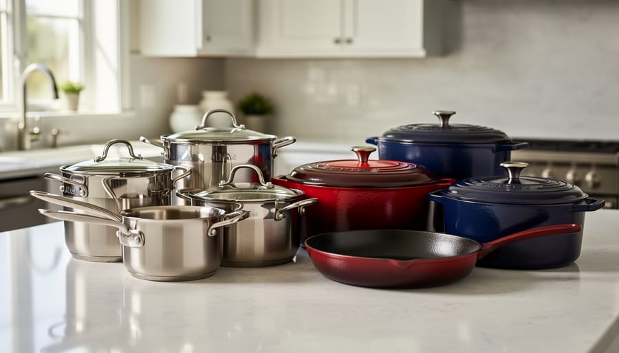 Overhead view of premium stainless steel, cast iron, and copper cookware on marble counter