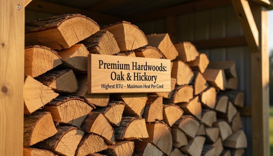 Overhead view of split oak and hickory firewood arranged on wooden surface