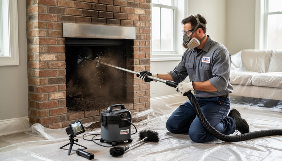 Professional chimney sweep performing cleaning service with specialized brushes and equipment