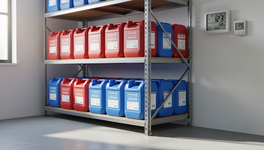 Blue kerosene storage containers properly stored in organized garage setting