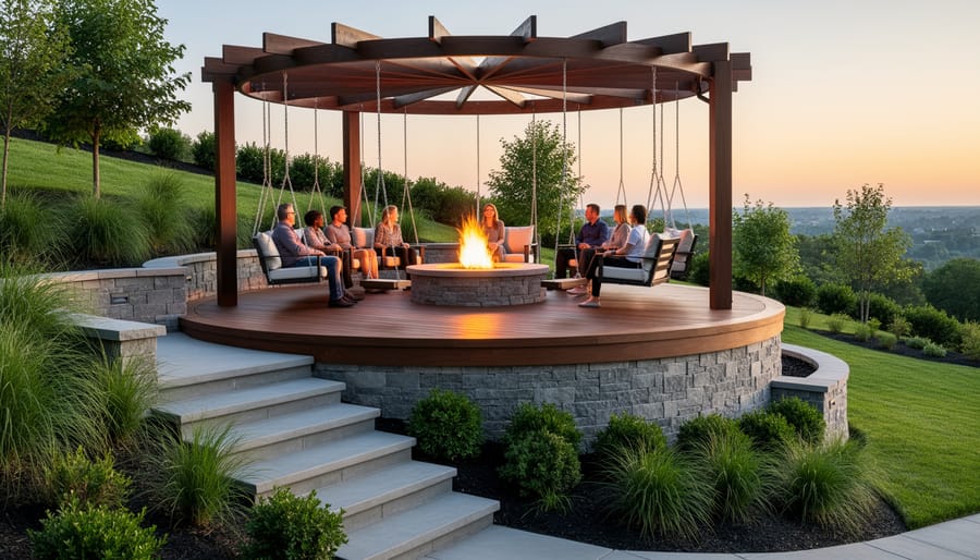 Elevated platform swing fire pit with wooden deck base and pergola overhead structure