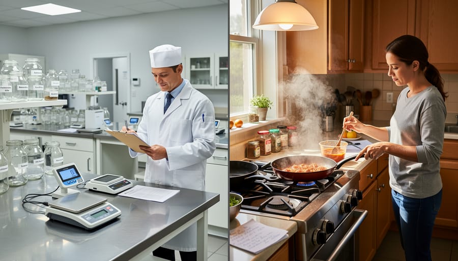 Hands cooking with cast iron skillet on gas stovetop with visible flames