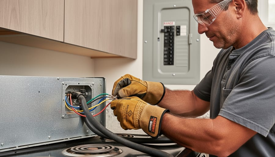 Hands wearing work gloves disconnecting electrical wiring from stove top