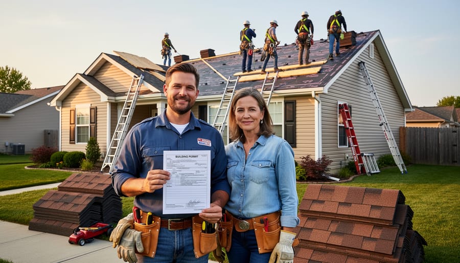 Building permit document with official approval stamp on contractor's desk