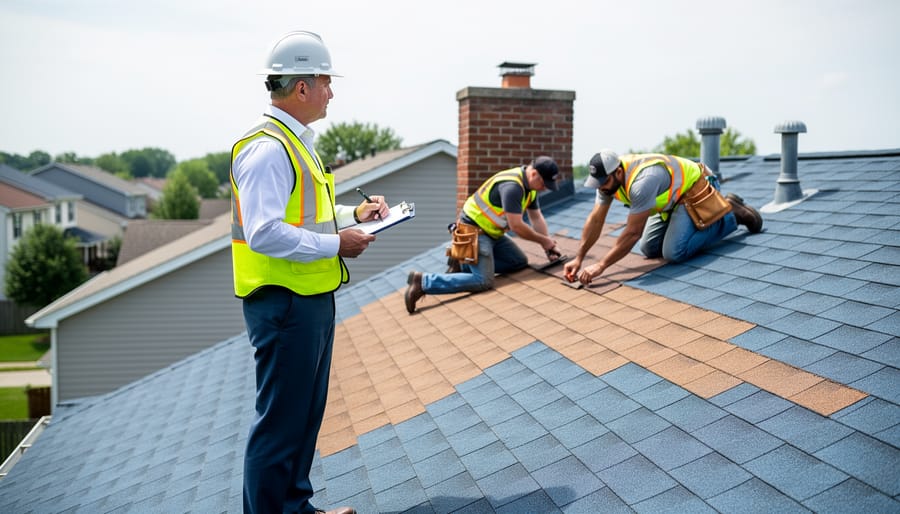 Building inspector in safety vest and hard hat checks roofers installing asphalt shingles on a suburban house, with chimney and roof vents visible under bright overcast daylight.