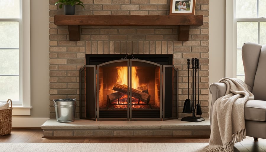 Clean-burning fire in well-maintained stone fireplace in comfortable living room