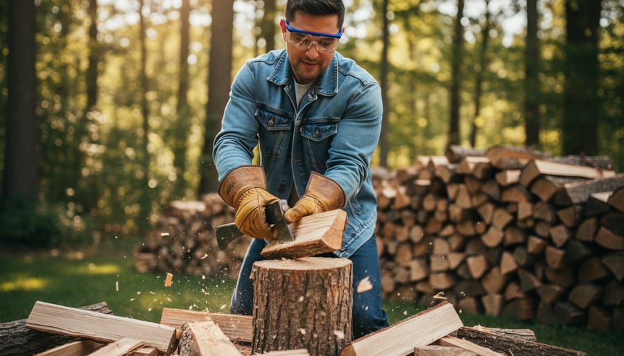 Person wearing safety gear while using log splitter to prepare firewood
