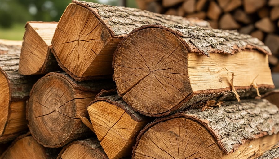 Close-up of seasoned hardwood logs showing end grain patterns and natural splitting
