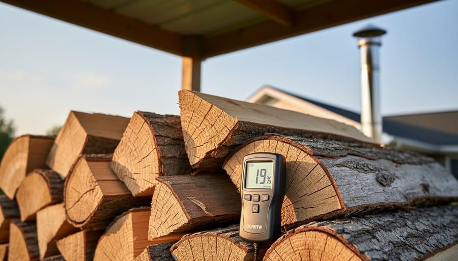 Stack of seasoned hardwood firewood showing dry split ends and natural cracking