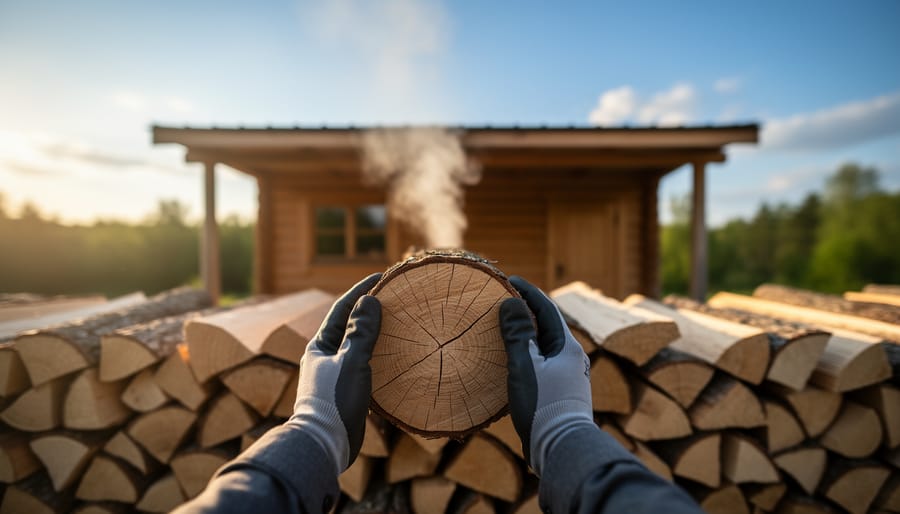 Gloved hands place a split oak log onto a neatly stacked, top-covered woodpile with open sides in warm evening light, with a softly blurred rustic cabin and faint chimney smoke in the background.