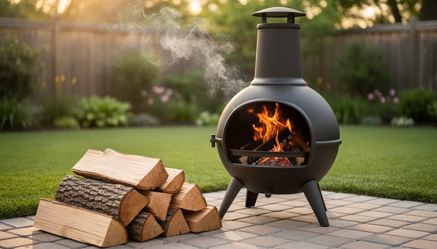 Seasoned hardwood logs stored in rack near chiminea on outdoor patio