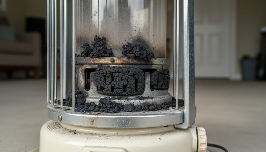 Close-up of damaged kerosene heater wick showing heavy soot and carbon buildup