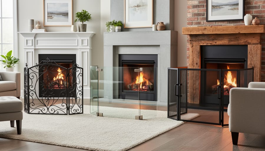 Three different types of fireplace spark guards including mesh, glass door, and freestanding styles