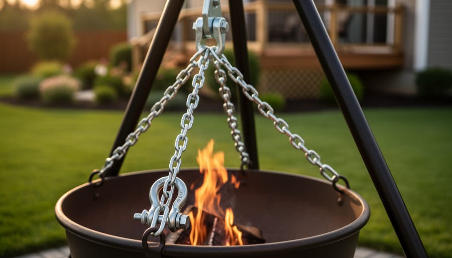 Close-up of metal chains and mounting hardware connecting swing to support beam