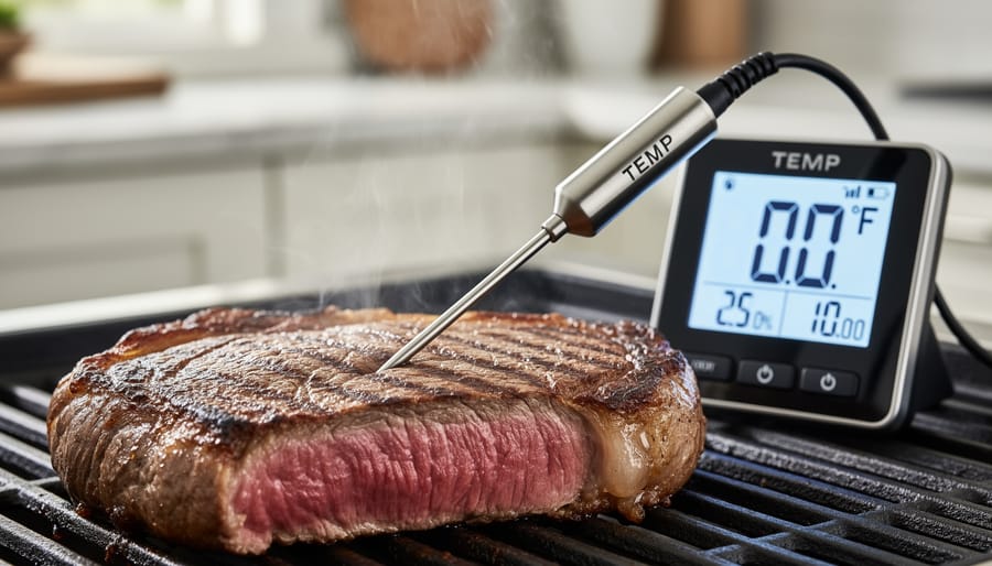Close-up of bluetooth meat thermometer probe showing stainless steel construction and transmitter