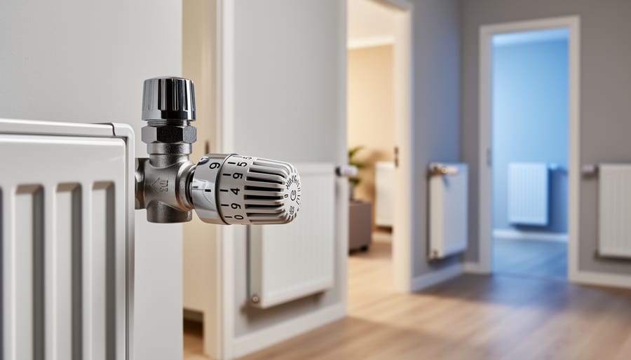 Thermostatic radiator valve mounted on white radiator showing temperature control settings