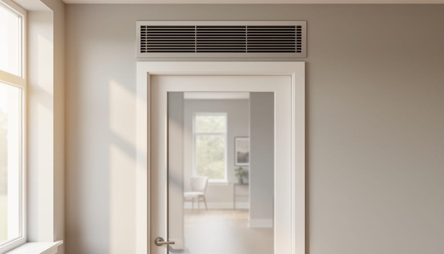 White transfer grille installed in wall above interior door for air circulation