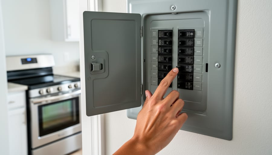 Open electrical circuit breaker panel showing tripped breaker switch in OFF position