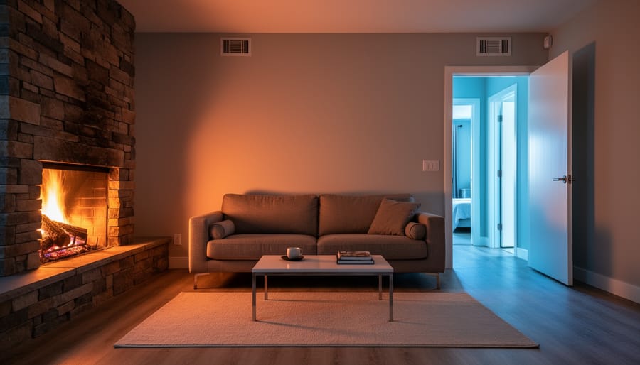 Living room with blazing fireplace contrasted by a cool blue-lit hallway and bedrooms beyond, illustrating uneven heat distribution in a home.